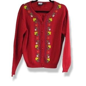 DKNY Vintage Red Beaded Cardigan
